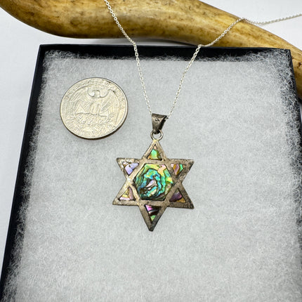 Vintage Sterling Silver Abalone Star of David Pendant Necklace: Etched Jewish Star