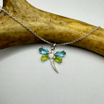 Vintage Blue Topaz Peridot Dragonfly Necklace - 925 Sterling Silver Chain