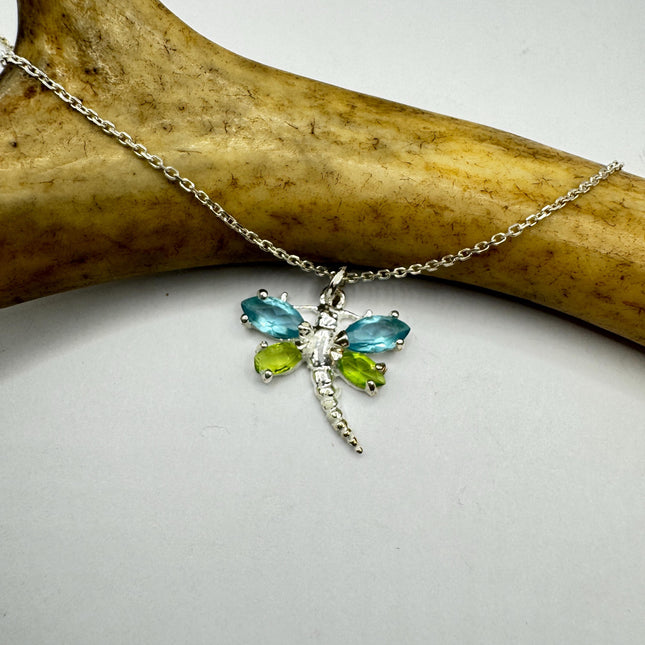Vintage Blue Topaz Peridot Dragonfly Necklace - 925 Sterling Silver Chain