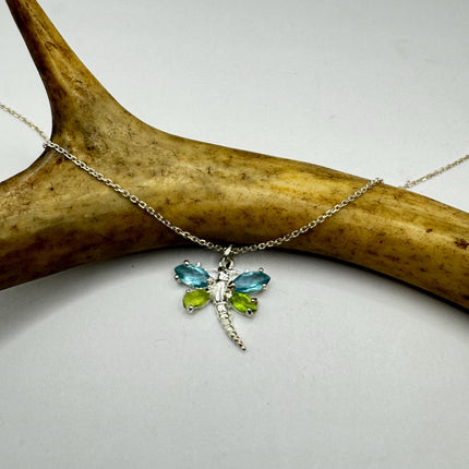 Vintage Blue Topaz Peridot Dragonfly Necklace - 925 Sterling Silver Chain