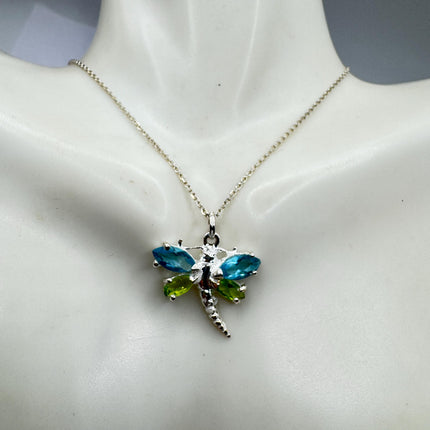 Vintage Blue Topaz Peridot Dragonfly Necklace - 925 Sterling Silver Chain