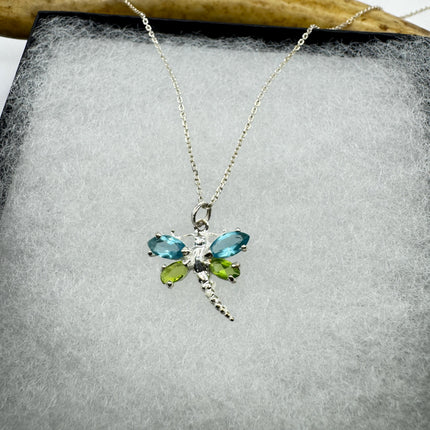 Vintage Blue Topaz Peridot Dragonfly Necklace - 925 Sterling Silver Chain