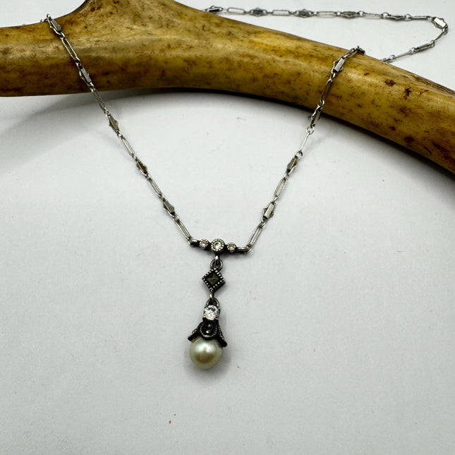 Vintage Pearl Marcasite Pendant Choker: 925 Sterling Silver