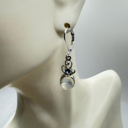 Vintage Moonstone Dangle Earrings Sterling Silver Fish Design Statement Lever backs