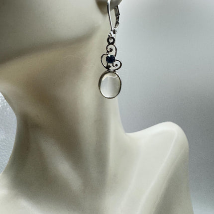 Vintage Moonstone Dangle Earrings Sterling Silver Fish Design Statement Lever backs