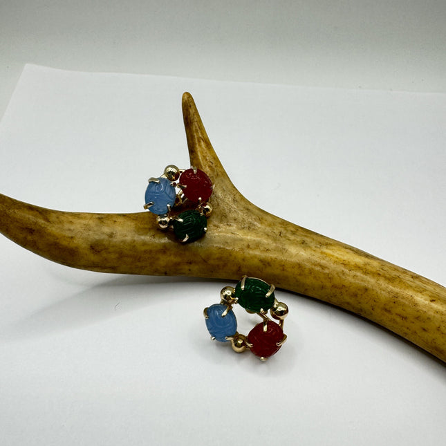 Vintage Green Nephrite Jade Carnelian Scarabs Screw Clip-On Earrings