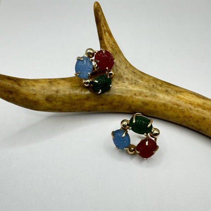 Vintage Green Nephrite Jade Carnelian Scarabs Screw Clip-On Earrings