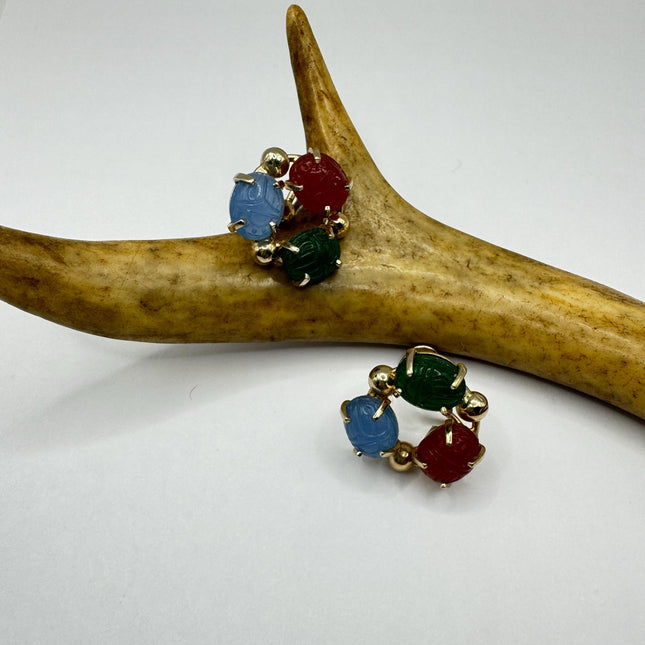 Vintage Green Nephrite Jade Carnelian Scarabs Screw Clip-On Earrings