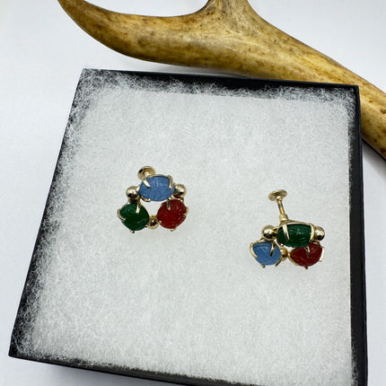 Vintage Green Nephrite Jade Carnelian Scarabs Screw Clip-On Earrings