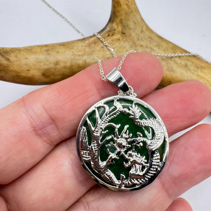 Vintage Green Jade Deco Silver Dragon Pendant Necklace Black Velvet Choker