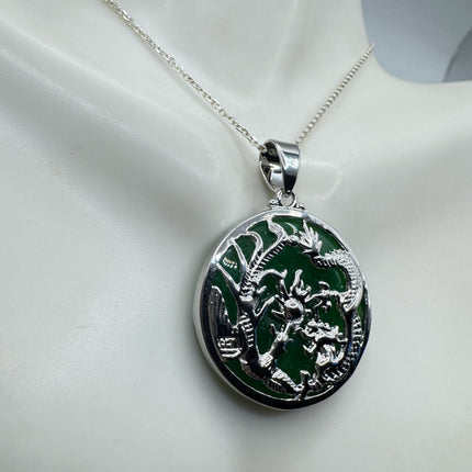 Vintage Green Jade Deco Silver Dragon Pendant Necklace Black Velvet Choker