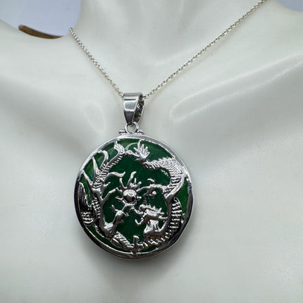 Vintage Green Jade Deco Silver Dragon Pendant Necklace Black Velvet Choker