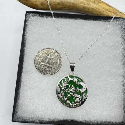 Vintage Green Jade Deco Silver Dragon Pendant Necklace Black Velvet Choker