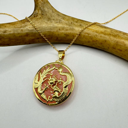 Vintage Rose Quartz Dragon Choker Gold Filled Necklace Pink Gemstone Necklace