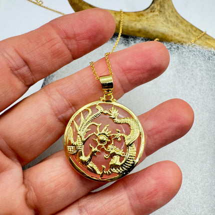 Vintage Rose Quartz Dragon Choker Gold Filled Necklace Pink Gemstone Necklace