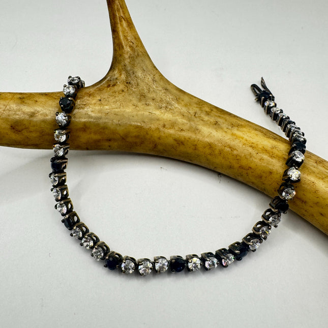 Vintage Silver Tennis Bracelet with Blue Cubic Zirconia in 925 Sterling Silver