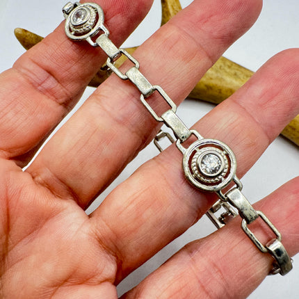 Vintage Silver Chunky Bracelet | Diamond Look Cubic Zirconia 925 Sterling Silver