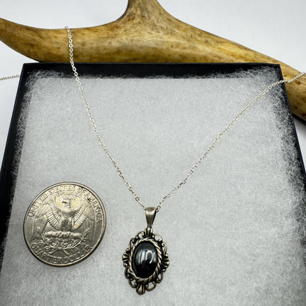 Vintage Filigree Hematite Pendant Necklace | 925 Sterling Silver on a fine chain