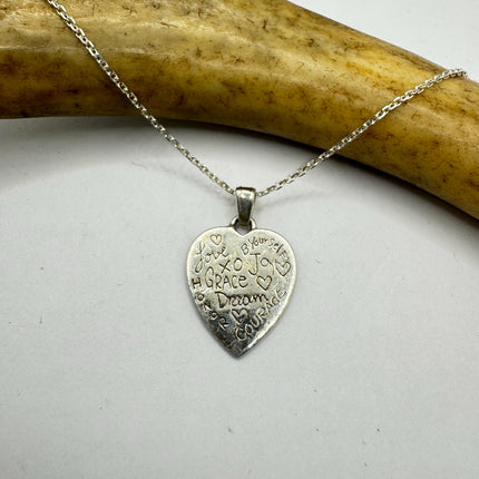 Vintage Heart 925 Sterling Silver Chain Necklace Engraved Inspirational Words