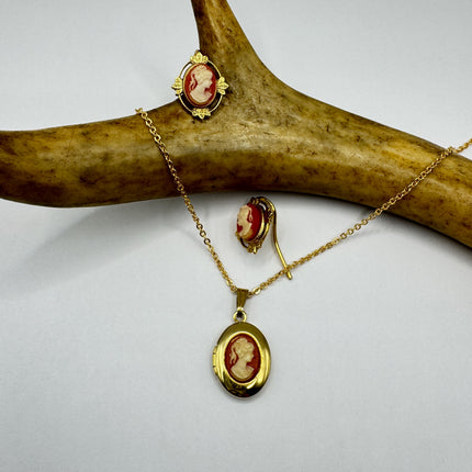Vintage Cameo Locket Jewelry Set Necklace and Earrings
