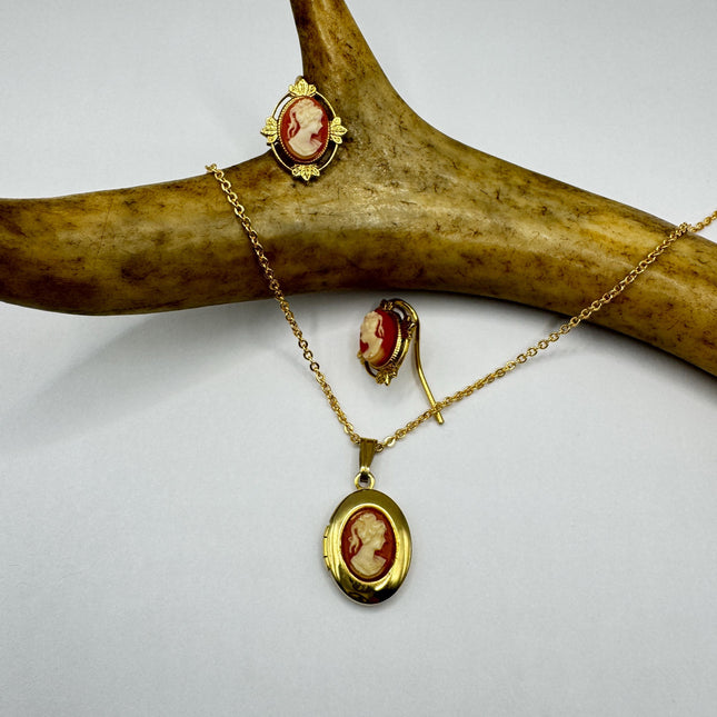 Vintage Cameo Locket Jewelry Set Necklace and Earrings