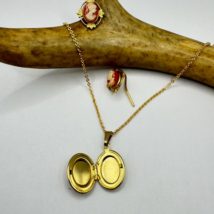 Vintage Cameo Locket Jewelry Set Necklace and Earrings