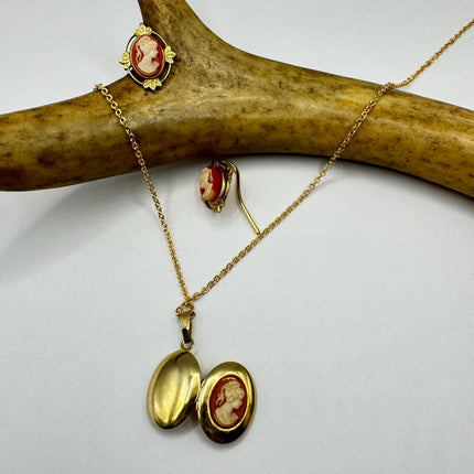 Vintage Cameo Locket Jewelry Set Necklace and Earrings