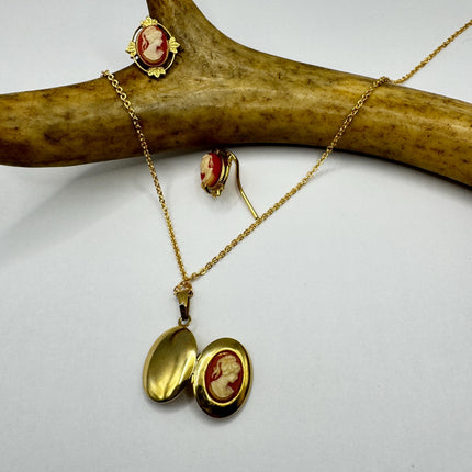Vintage Cameo Locket Jewelry Set Necklace and Earrings