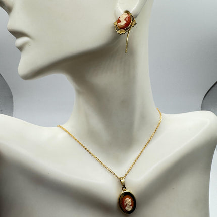 Vintage Cameo Locket Jewelry Set Necklace and Earrings