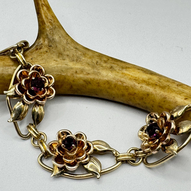 Vintage Rose Gold Filled Rose Flower Chain Bracelet