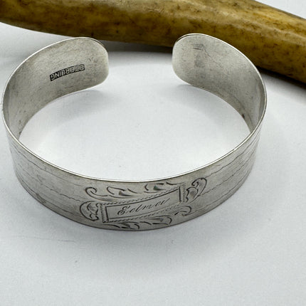 Vintage Silver Cuff Bracelet 925 Sterling Silver Elegant Engraved Edna-Small Wrist