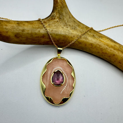 Vintage Pink Rose Quartz Amethyst Boho Gold Filled Necklace