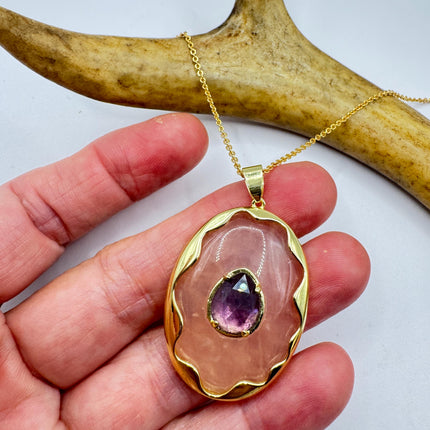 Vintage Pink Rose Quartz Amethyst Boho Gold Filled Necklace