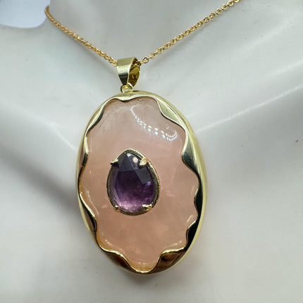 Vintage Pink Rose Quartz Amethyst Boho Gold Filled Necklace