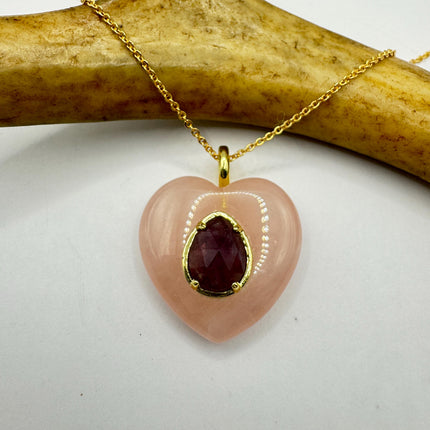 Vintage Heart Pink Rose Quartz Amethyst Boho Gold Filled Necklace