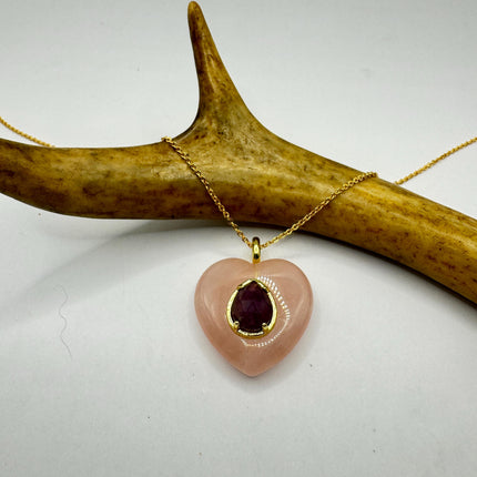 Vintage Heart Pink Rose Quartz Amethyst Boho Gold Filled Necklace