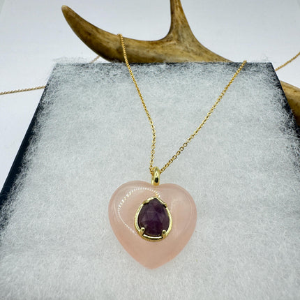 Vintage Heart Pink Rose Quartz Amethyst Boho Gold Filled Necklace