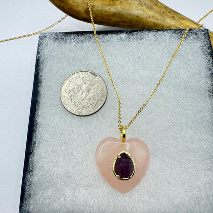Vintage Heart Pink Rose Quartz Amethyst Boho Gold Filled Necklace