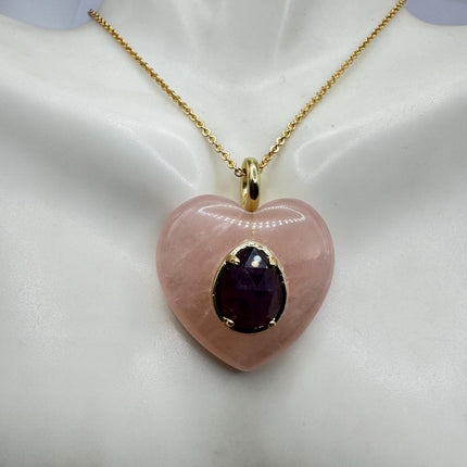 Vintage Heart Pink Rose Quartz Amethyst Boho Gold Filled Necklace