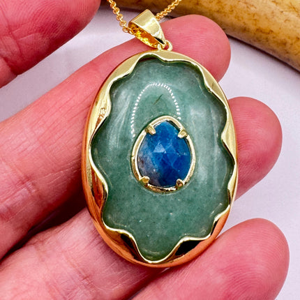 Vintage Green Aventurine Lapis Necklace Gold Filled Chain