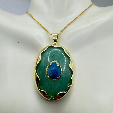 Vintage Green Aventurine Lapis Necklace Gold Filled Chain
