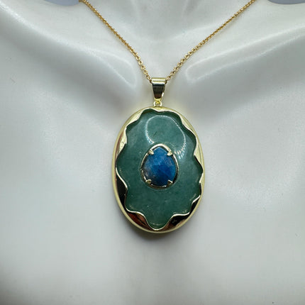 Vintage Green Aventurine Lapis Necklace Gold Filled Chain