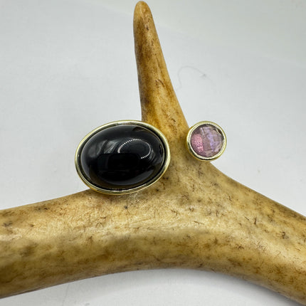 Vintage Golden Black Onyx Amethyst Lucky Cocktail Ring Adjustable