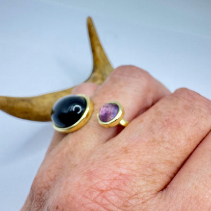 Vintage Golden Black Onyx Amethyst Lucky Cocktail Ring Adjustable
