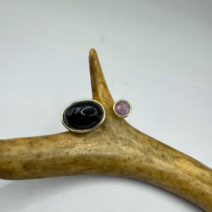 Vintage Golden Black Onyx Amethyst Lucky Cocktail Ring Adjustable
