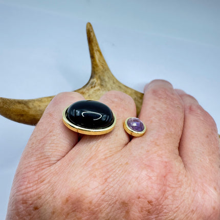 Vintage Golden Black Onyx Amethyst Lucky Cocktail Ring Adjustable