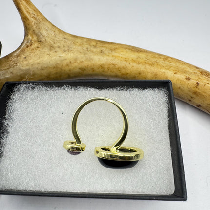 Vintage Golden Black Onyx Amethyst Lucky Cocktail Ring Adjustable