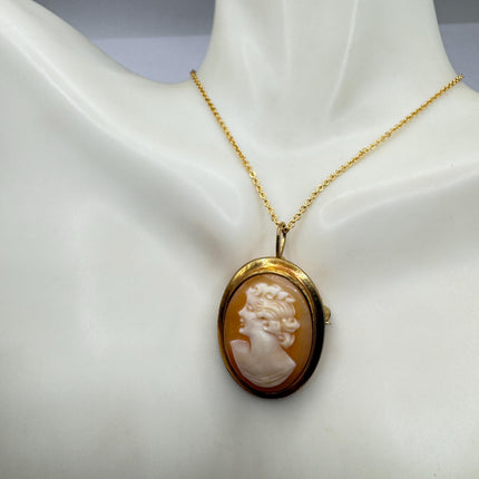 Vintage Small Cameo Pendant Necklace: Gold Filled Charm with Matching Chain Pin Brooch
