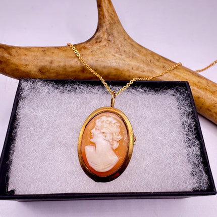 Vintage Small Cameo Pendant Necklace: Gold Filled Charm with Matching Chain Pin Brooch