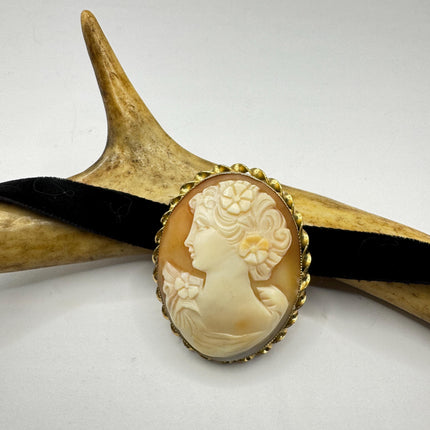 Vintage Carved Shell Cameo Brooch Pin: Gold Filled, Black Velvet Choker